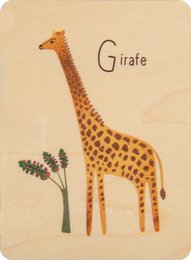 Wooden children's card with a giraffe illustration and the word "Giraffe" written below.
