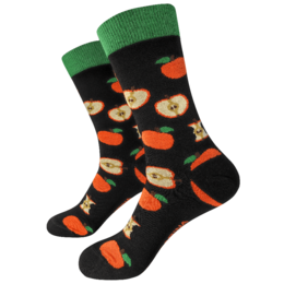 Colorful socks featuring a fun apple print pattern in various shades of green, orange, and black. The socks have a comfortable, stretchy fit and would be a stylish addition to any casual outfit.