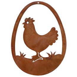 Rustic Easter decoration in the shape of a chicken, made of wood and moss, hanging in a window. Measures 15cm x 11cm.