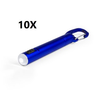 10 x blauwe balpen met ingebouwde LED-zaklamp. Lichaam in een gladde metalen afwerking en kap met karabijnhaak. In blauwe inkt met knop. Celbatterijen inbegrepen. 11 x cm | 1 Ø