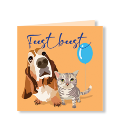  Orange greeting card with dog, cat, balloons, "Best buds" text, party animal theme, birthday celebration design.