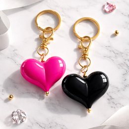  "Heart-shaped puffy keychain, fluo pink and black, gold ring, glossy finish, love charm accessory"