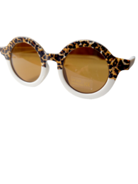 Retro leopard print kids sunglasses with round frames and amber lenses.