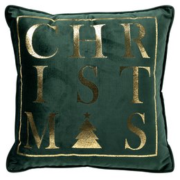  Green Christmas cushion with gold text 'Christmas'