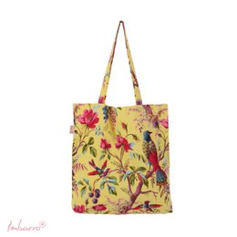  Vibrant floral and bird print cushion cover in yellow, red, and blue tones. Features a tropical, botanical design with large flowers, leaves, and colorful birds.
