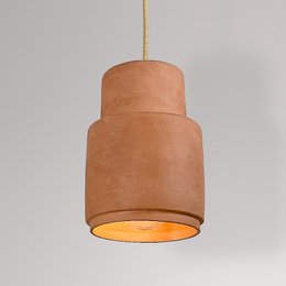 Terracotta pendant light with open design and perforated details, suitable for modern or rustic decor.