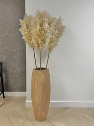 Dried pampas grass in a tall wooden vase. The pampas grass has a soft, fluffy texture and a natural beige color. The vase is made of light-colored wood, providing a simple and elegant display for the decorative grass.