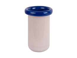  Small cylindrical vase, cream white body, blue lid top, modern minimalist design, compact size.