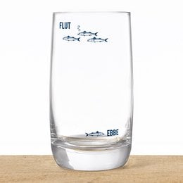 A tall, clear glass with a simple blue fish design, suitable for long drinks. The glass has a sleek, minimalist style.