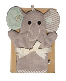 Soft, plush elephant-shaped washcloth in neutral tones with textured details. Suitable for baby's delicate skin.