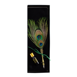 Black box with peacock feathers and ink, includes peacock-themed ink set.