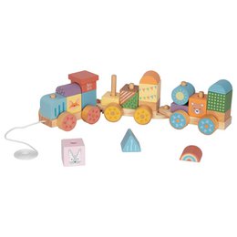  Colorful wooden train set with dice, promotes creativity and motor skills.