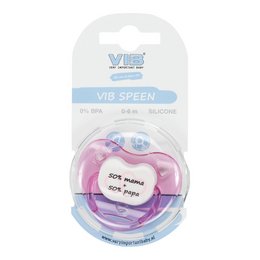 Pink and blue pacifier with "50% Mama + 50% Papa" text. Made of silicone material. Suitable for babies.