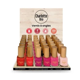  Nail polish display with 6 vibrant shades in various colors including red, pink, and orange.