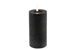 A round, tall black LED candle with a rustic finish, measuring 7.5 cm in diameter and 15 cm in height.