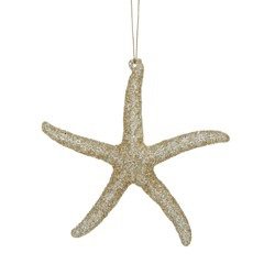 Glittering gold starfish ornament, ideal for hanging on a Christmas tree or displaying as a decorative accent.
