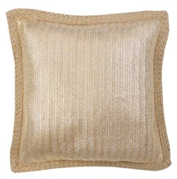 Beige square decorative pillow with a textured woven pattern, suitable for use on a couch or bed.