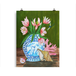 Pastel colored beach art print poster with Delft blue tulips flower still life. Measures 30 x 40 cm.