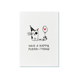A birthday card featuring a cute black and white cat with a party hat and heart-shaped balloon, with the text "Have a Happy Purrr-thday".