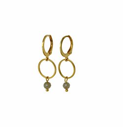 Gold-tone hoop earrings with labradorite gemstone accents. Elegant and versatile accessory.