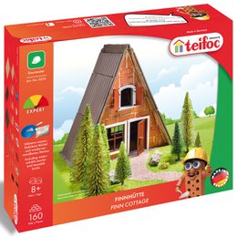  A small, A-frame style house made of bricks and wood with a slanted roof and windows. The house appears to be part of a construction toy set.