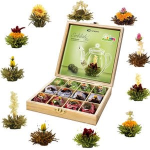 Creano tea flowers gift set in wooden tea box 12 blossom tea in 11 varieties white tea, green tea, black tea, tea roses, gift for women, mother, tea lovers