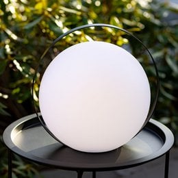 A round, white LED ball with a metal frame, approximately 30 cm in diameter, designed for outdoor lighting.