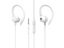  White stereo earbuds 3.5MM jack, ear-hook design, comfortable fit, high fidelity sound, 1.2M cable with microphone