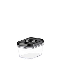  Airtight storage jar made of acrylic with a black lid, suitable for storing kitchen items like pasta, rice, or other dry goods. Dimensions: 13 x 10 x 8 cm.