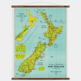 Colorful map of New Zealand featuring geographic regions and landmarks. Suitable for wall art or home decor.