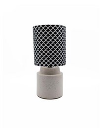  Tall, cylindrical ceramic lamp with a raffia shade and a textured, brown and blue base.