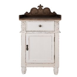 Bedside table with a white and brown distressed finish, featuring a single drawer and a cabinet door. Dimensions: 48 x 39 x 89 cm.