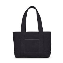 Black tote bag with multiple compartments for carrying a laptop and other items. Made of durable material for everyday use.