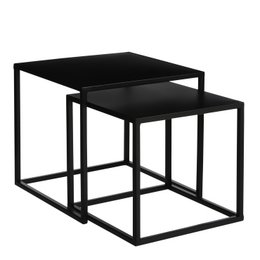 A set of 2 black metal side tables, each measuring 35 x 35 x 33 cm.