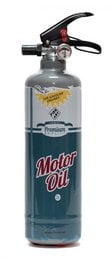 A silver fire extinguisher with a red and black design, featuring the text "Motor Oil" and a flame-like graphic.