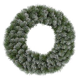  A round, green plastic Christmas wreath with snow-covered pine needles.