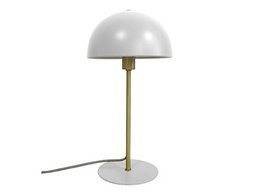 A white dome-shaped table lamp with a brass base and stem. The lamp has a simple, modern design that would complement a variety of home decor styles.
