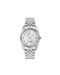 A stainless steel women's watch with a silver dial and a silver bracelet strap. The watch features a round case with a fluted bezel and a date display.