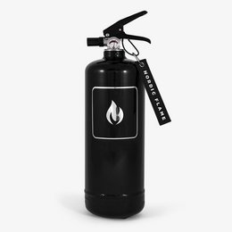 Black 2 kg fire extinguisher with safety label and handle.
