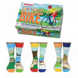 Colorful bicycle-themed socks featuring a variety of patterns and designs, suitable for kids. The socks come in a range of sizes from 39-46.