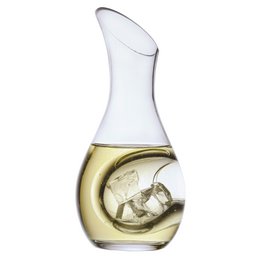 A clear glass wine decanter with a tall, slender shape and a rounded base. The decanter is designed to aerate and enhance the flavor of white wine.