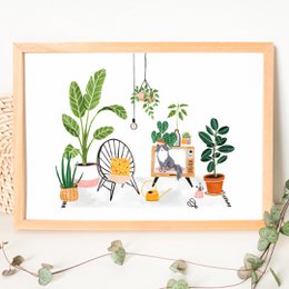 A colorful poster featuring a cat and various plants, including a tall plant, a potted plant, and hanging plants. The poster has a whimsical, illustrated style.