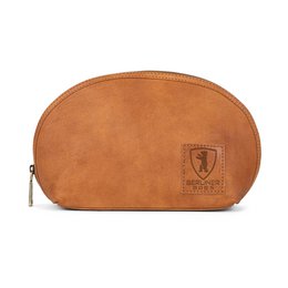  A tan leather clutch with a simple, minimalist design. The clutch features a zippered closure and a small leather patch with a shield logo.