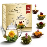 Creano theebloemenmix - gouden cadeauset bloeiende thee met glazen theepot witte, groene en zwarte thee in 6 varianten, theebloem, bloeiende thee, cadeau voor vrouwen