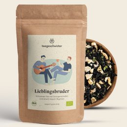 A loose leaf tea blend with a mix of black tea, lemon peel, and natural flavors. The tea is packaged in a resealable pouch and is certified organic.