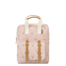  A pink backpack with white stars and gold accents, suitable for a child. The backpack has a simple, minimalist design with a rectangular shape and two straps.
