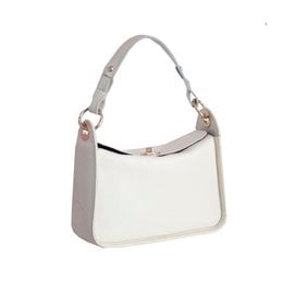 Cream leather handbag with silver hardware and adjustable strap.