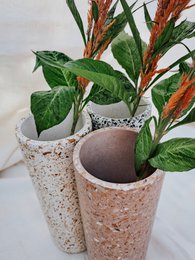  "Tall cylindrical cork vase, speckled white and natural tan, modern minimalist style, perfect for dried flowers"
