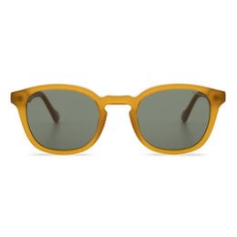 Mustard-colored round sunglasses with dark lenses.