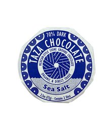 Dark chocolate disc with sea salt, organic and 70% cocoa content.
